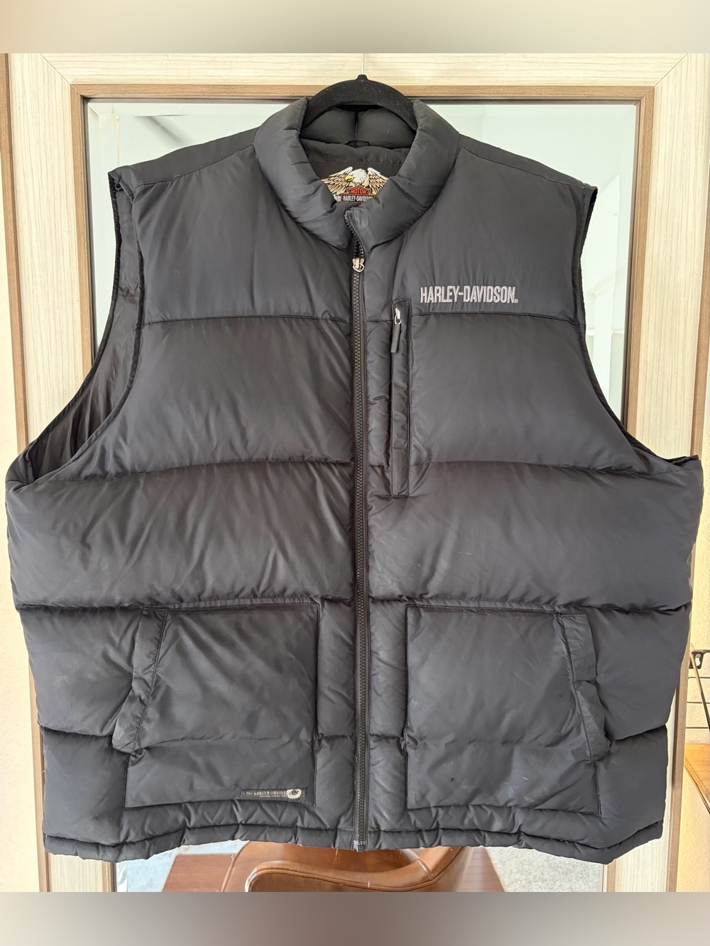 Harley-Davidson Vest Mens 2XL Black Duck Down Puffer Snap Front Motorcycle *Flaw